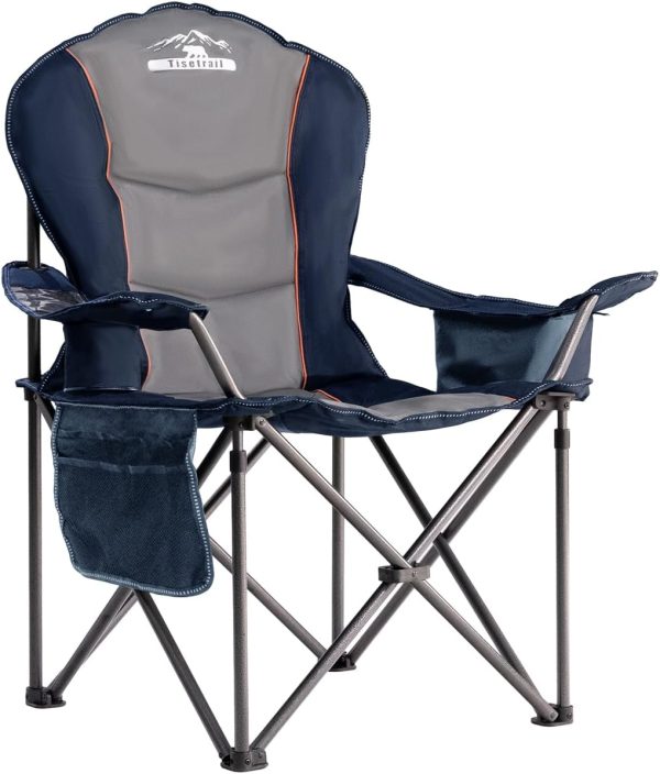 Oversized Camping Chair Folding Chair with Cooler Padded Outdoor Chairs Heavy Duty Support 500 LBS Steel Frame Collapsible Arm Chair with Cup Holder Blue & Gray