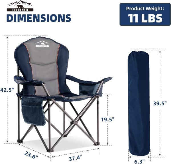 Oversized Camping Chair Folding Chair with Cooler Padded Outdoor Chairs Heavy Duty Support 500 LBS Steel Frame Collapsible Arm Chair with Cup Holder Blue & Gray - Image 2