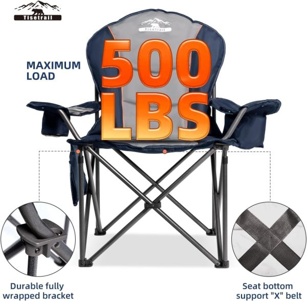 Oversized Camping Chair Folding Chair with Cooler Padded Outdoor Chairs Heavy Duty Support 500 LBS Steel Frame Collapsible Arm Chair with Cup Holder Blue & Gray - Image 3