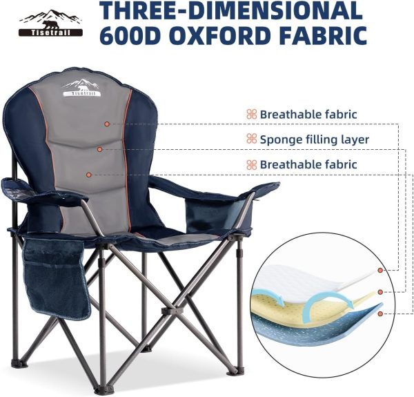 Oversized Camping Chair Folding Chair with Cooler Padded Outdoor Chairs Heavy Duty Support 500 LBS Steel Frame Collapsible Arm Chair with Cup Holder Blue & Gray - Image 5