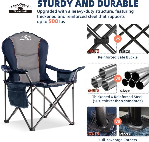 Oversized Camping Chair Folding Chair with Cooler Padded Outdoor Chairs Heavy Duty Support 500 LBS Steel Frame Collapsible Arm Chair with Cup Holder Blue & Gray - Image 6